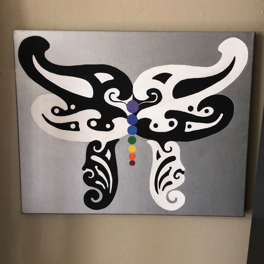 16x20 Original Acrylic Painting Black and White Chakra Butterfly Metallic Silver